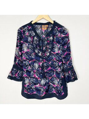 Tory Burch Silk Semi-Sheer Popover Top Preppy Ruffle Size 2 Women's‎